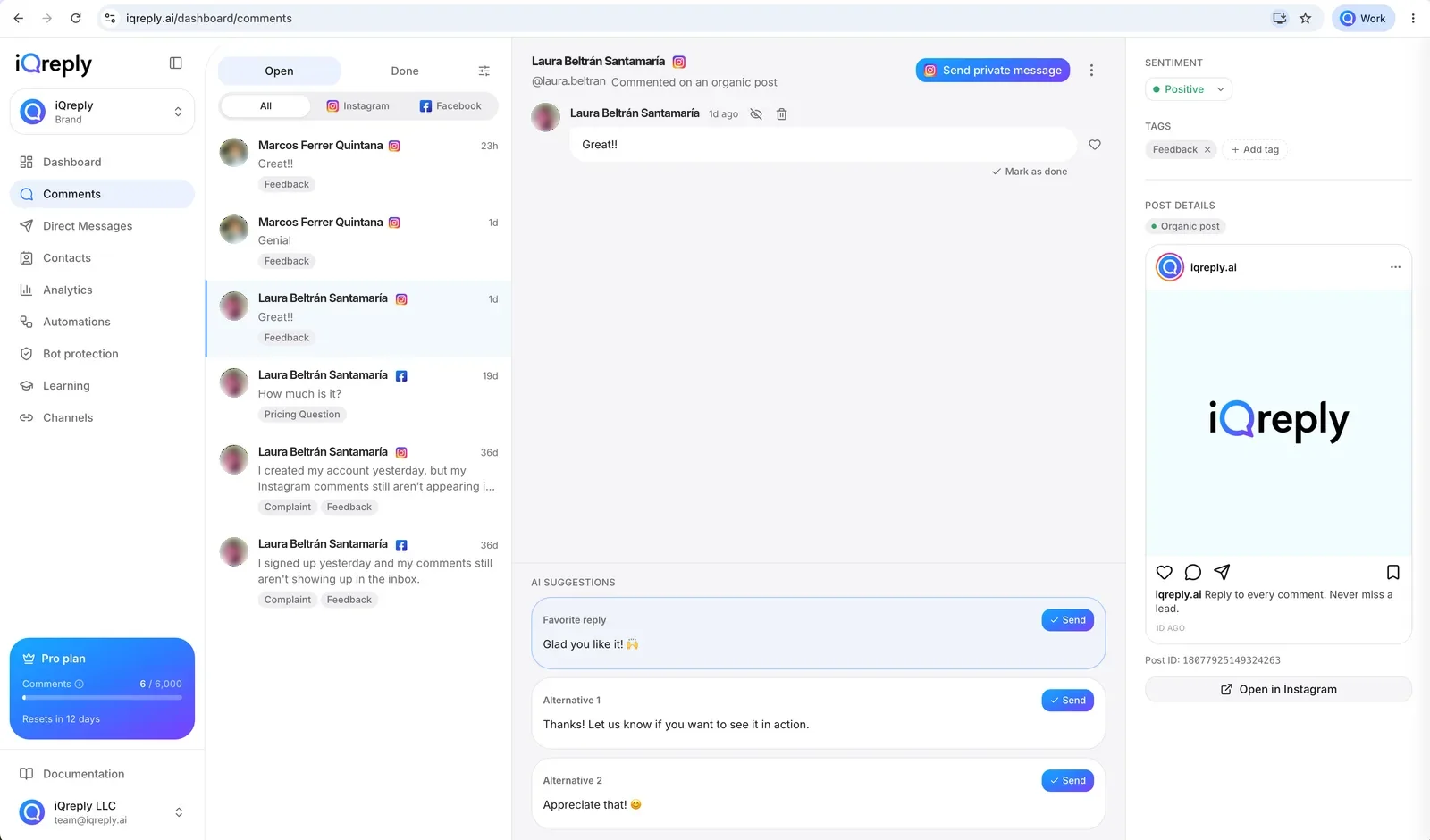 The iQreply inbox: comments and messages from Facebook and Instagram in one list, with replies waiting.